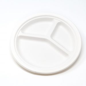 Piatto tripartito in polpa di cellulosa bianca (bagassa) da 26 cm di diametro