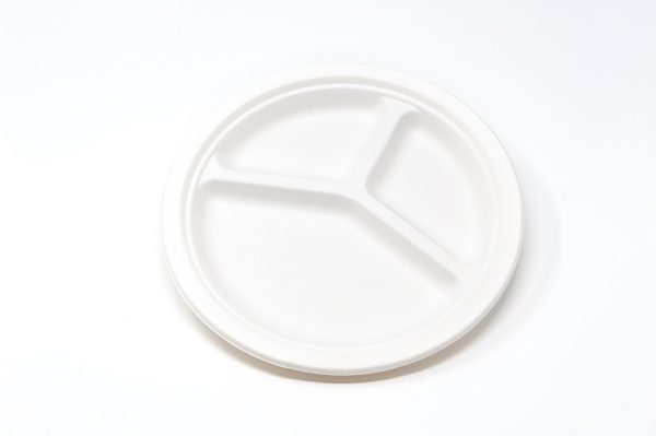 Piatto tripartito in polpa di cellulosa bianca (bagassa) da 26 cm di diametro